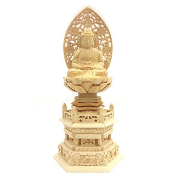 Amida Nyorai Wood Statue, Buddha Statue, 2.0 Size, Grass Light, Hexagonal Stand, Cypress Wood, 610 Discount